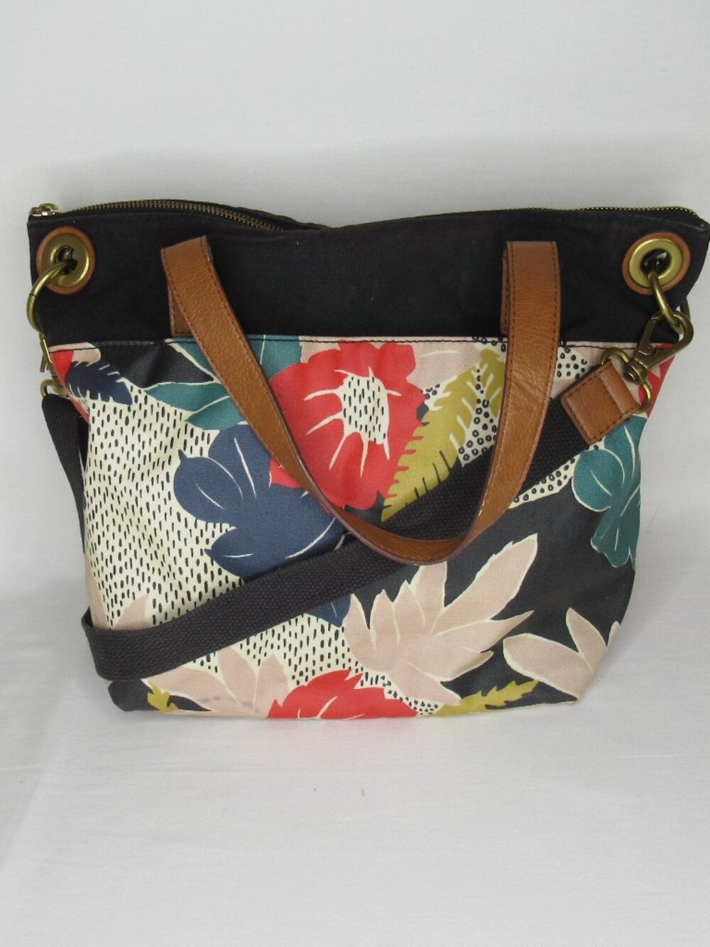 Fossil KEELY Floral Waxed Canvas Tote Shoulder Bag Purse Black